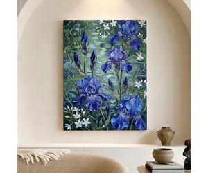 Toile murale abstraite à motif iris bleu, fleurs vertes et bleues, décoration murale d'intérieur pour salon, chambre à coucher, bureau, 30,5 x 40,6 cm
