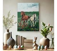 Toile murale abstraite avec chevaux qui courent - Œuvre d'art équine vert marron - Œuvre d'art rustique pour salon, chambre à coucher, bureau - 30,5 x 40,6 cm