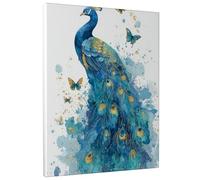Toile murale abstraite avec motif de papillon bleu paon - Impression de plumes dorées vives - Décoration d'intérieur pour salon, chambre à coucher, bureau - 40,6 x 50,8 cm