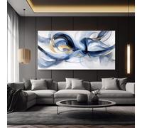 Toile murale abstraite avec vagues, peinture moderne, accents bleus et dorés, affiche imprimée, œuvre d'art pour chambre, salle de bain, bureau, décoration, 80 x 160 cm (31 x 63 pouces), sans cadre