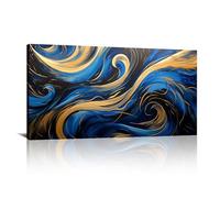 Toile murale abstraite bleue et dorée - Grande décoration murale pour salon, chambre à coucher, images encadrées, œuvres d'art pour murs 25x50cm(10x20in) Avec cadre