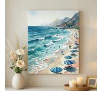 Toile murale abstraite bord de mer - Impressions sur toile de plage bleu beige - Décoration côtière d'été pour salon, chambre à coucher, salle de bain, bureau - Toile enveloppée - 40,6 x 50,8 cm