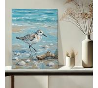 Toile murale abstraite d'oiseau côtier - Impressions sur toile de rivage bleu marron - Décoration murale d'intérieur pour salon, chambre à coucher, salle de bain - Toile enveloppée de 40,6 x 50,8 cm