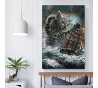 Toile murale abstraite représentant un chat, un titan et un kraken 2, pour un salon, une salle de bain ou un espace de vie rustique, 60 x 90 cm