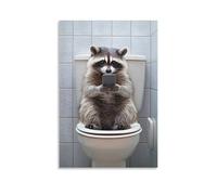 Toile murale amusante avec motif raton laveur assis sur les toilettes et regardant le téléphone, affiche de style vintage pour décoration de chambre à coucher, bureau, salle de bain