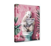 Toile murale amusante avec ours polaire sur toilettes - Impression de plantes tropicales - Œuvre d'art moderne et mignonne pour la décoration d'intérieur : salon, chambre à coucher, encadrée, prête à