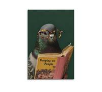 Toile murale amusante pour salle de bain - Impression sur toile style rétro - Motif pigeon qui lit sur les gens - 20 x 30 cm