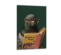 Toile murale amusante pour salle de bain - Impression sur toile style rétro - Motif pigeon qui lit sur les gens - 50 x 75 cm
