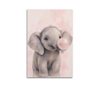 Toile murale aquarelle douce bébé éléphant soufflant rose pastel Bubble Gum, illustration d'animal mignon, décoration murale pour chambre de petite fille, salle de jeux, 50,8 x 76,2 cm
