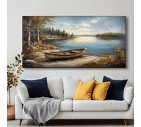 Toile murale au bord du lac - Peinture abstraite moderne avec bouleaux dorés, décoration chaleureuse de paysage d'automne pour salon (65 x 130 cm, sans cadre)
