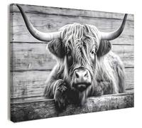 Toile murale avec cadre pré-monté et crochets de suspension pour chambre à coucher, salon, couloir ou bureau - Impression sur toile de vache des Highlands noir et blanc - 30 x 40 cm