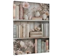 Toile murale avec coquillages côtiers et bibliothèque florale, coquillages de pêche doux et impressions de livres antiques, décoration esthétique printanière pour salon, chambre à coucher, étude