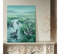 Toile murale avec impression d'oies - Impression sur toile verte et grise - Décoration esthétique printanière pour salon, chambre à coucher, bureau - Toile enveloppée - 40,6 x 50,8 cm