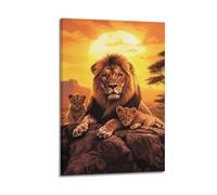 Toile murale avec impression sur toile représentant le lion et le coucher du soleil - Œuvre d'art élégante - 40 x 60 cm