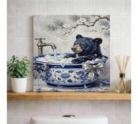 Toile murale avec imprimé floral bleu et blanc, ours d'hiver dans le bain, 30,5 x 30,5 cm - Toile décorative confortable pour salon, chambre à coucher, salle de bain