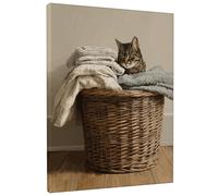 Toile murale avec motif chat confortable - Impression de panier à linge marron neutre - Décoration d'intérieur rustique - Décoration esthétique pour salon, chambre à coucher, buanderie - Toile
