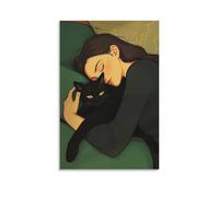 Toile murale avec motif chat confortable vert émeraude - Affiche d'œuvre d'art pour décoration d'intérieur : salon, chambre à coucher, salle de bain, bureau - 30 x 45 cm