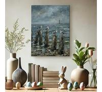 Toile murale avec oiseaux de bord de mer - Impressions sur toile de peintures à thème océan bleu et gris - Décoration murale d'intérieur pour salon, chambre à coucher, salle de bain - 30,5 x 40,6 cm