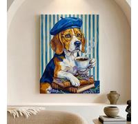 Toile murale Beagle charmante, œuvre d'art de chien bleu marron, décoration d'intérieur fantaisie pour salon, chambre à coucher, café, toile enveloppée 30,5 x 40,6 cm