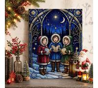 Toile murale Chants de Noël en vitrail 30,5 x 40,6 cm | Scène d'hiver, images murales, style vitrail, art religieux, décoration murale saisonnière, fond de forêt enneigée