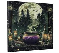 Toile murale chaudron mystique - Impressions d'art mural - Sorcellerie vert violet - Forêt enchantée pour Halloween, salon, chambre à coucher - 30,5 x 30,5 cm