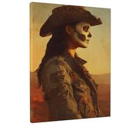 Toile murale « Day of the Dead Cowgirls » - Impression portrait de crâne marron chaud - Style vintage - Décoration d'intérieur pour salon, chambre à coucher, Halloween, 20,3 x 30,5 cm