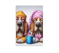 Toile murale de 50,8 x 76,2 cm - Deux bassets portant un pyjama et des bonnets de nuit, avec une tasse de café bleue fumante entre eux - Peintures de décoration d'intérieur pour la maison, la chambre