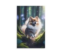 Toile murale de 50,8 x 76,2 cm - Petite peinture de Poméranie marron et blanc qui court sur un chemin moussu avec des paillettes lumineuses autour - Peintures de décoration d'intérieur pour la maison