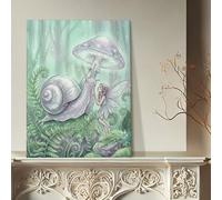 Toile murale de conte de fées printanière, illustration d'escargot vert violet et champignon, décoration murale fantastique pour salon, chambre à coucher, bureau, 40,6 x 50,8 cm