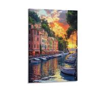 Toile murale décorative à l'aquarelle de village côtier, océan, bateau, arbre - 60 x 90 cm