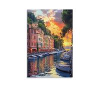 Toile murale décorative à l'aquarelle de village côtier, océan, bateau, arbre - œuvre d'art pour décoration murale d'intérieur, salon, chambre à coucher, sans cadre 30 x 45 cm