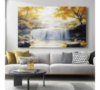 Toile murale décorative dorée et blanche, décor moderne pour la maison, paysage de rêve avec cascade, 61 x 41 cm, prête à accrocher dans le salon, la chambre ou la salle de bain, sans cadre