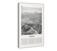 Toile murale décorative esthétique avec carte de l'Éthiopie, Addis-Abeba, paysage de l'Afrique, noir et blanc, 40 x 60 cm
