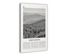 Toile murale décorative rétro avec carte de la Caroline du Nord, forêt noire et blanche, États-Unis, États-Unis, paysage de voyage, décoration murale d'intérieur, chambre à coucher, bureau, 50 x 75 cm