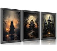 Toile murale d'Halloween 3 pièces - Art mural académie sombre effrayant sorcière château de chat noir - Impressions de thriller, horreur - Décoration murale gothique pour fête d'Halloween - Sans cadre
