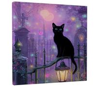 Toile murale d'Halloween chat - Scène de nuit violette avec lanternes - Décoration esthétique effrayante pour salon, chambre à coucher, couloir, maison - 30,5 x 30,5 cm
