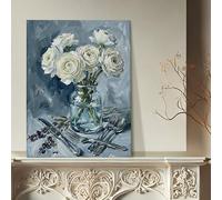 Toile murale élégante à motif floral blanc - Impression de roses bleues et vertes - Décoration murale moderne pour salon, chambre à coucher, salle à manger, décoration d'intérieur esthétique - 40,6 x