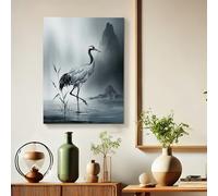 Toile murale élégante avec grue - Impressions de paysage asiatique noir et blanc - Décoration murale minimaliste pour salon, chambre à coucher, bureau, 30,5 x 40,6 cm