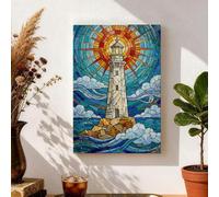 Toile murale en mosaïque de phare côtier bleu avec orange, décoration murale nautique esthétique pour salon, chambre à coucher, salle de bain, 20,3 x 30,5 cm