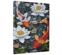 Toile murale en mosaïque de poisson carpe, rouge, orange, niveaux de gris, décoration d'étang de style asiatique, art esthétique pour salon, chambre à coucher, bureau, sans cadre, 40,6 x 50,8 cm