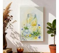 Toile murale en pot de citron d'été, imprimé floral jaune et bleu, aquarelle pour décoration d'intérieur pour salon, cuisine, salle à manger, toile enveloppée 20,3 x 30,5 cm