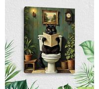 Toile murale encadrée avec chat amusant - Motif chats mignons lisant un journal - Cadeau pour amoureux des chats - Décoration murale pour salle de bain, ferme, toilettes