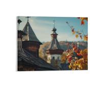 Toile murale encadrée avec feuilles d'arbre d'automne avec église ancienne avec clochettes, décoration murale religieuse de ferme - Œuvre d'art à suspendre pour salon, 40 x 50 cm, cadeau de
