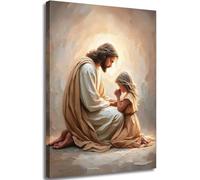 Toile murale encadrée avec Jésus priant avec une fille - Impressions d'histoire religieuse de Jésus avec enfants - Affiches pour décoration murale d'intérieur : salon, chambre à coucher, église