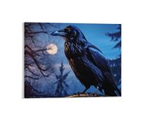 Toile murale encadrée du 31 octobre avec corbeau contre un ciel éclairé de lune, décoration murale de ferme nocturne d'Halloween, œuvre d'art à suspendre pour salon, 40 x 50 cm, cadeau de remerciement