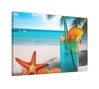 Toile murale encadrée et prête à être accrochée pour décoration murale d'intérieur : cocktail tropical avec étoile de mer, 45 x 30 cm