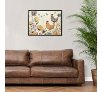Toile murale encadrée noire - Œuvre d'art moderne - Impression sur toile - Poule - Papillons volants parmi fleurs - 40,6 x 30,5 cm - Décoration murale pour salon, chambre à coucher, cuisine, salle de
