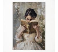 Toile murale femme lit livre style vintage, poster de lecture esthétique, peinture à l'huile portrait d'une femme victorienne rat de bibliothèque image féminine pour chambre de fille chambre d'enfant