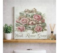 Toile murale florale pour salle de bain - Impressions de serviettes vertes et roses - Décoration esthétique pour salon, chambre à coucher, salle de bain, spa - 30,5 x 30,5 cm