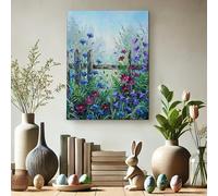Toile murale florale printanière, peinture à fleurs bleues et vertes, décoration esthétique abstraite pour salon, chambre à coucher, bureau, toile enveloppée 30,5 x 40,6 cm